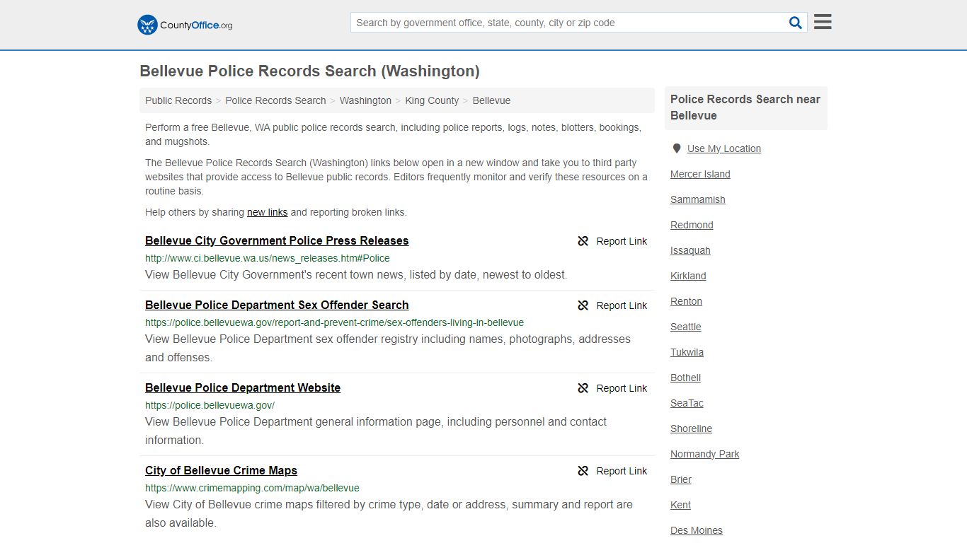 Bellevue Police Records Search (Washington) - County Office